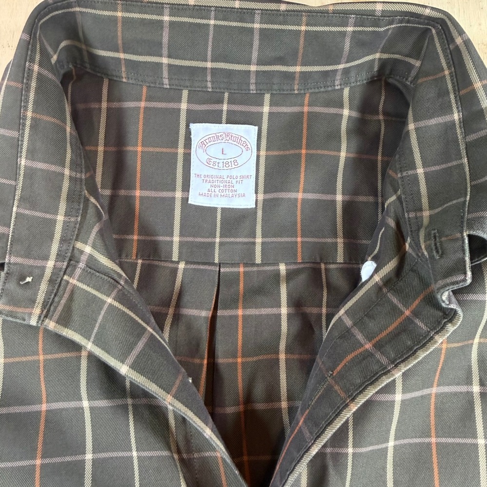 Brooks Brothers Mens Large Traditional Fit Non Iron Plaid Shirt Olive Orange - Picture 2 of 5